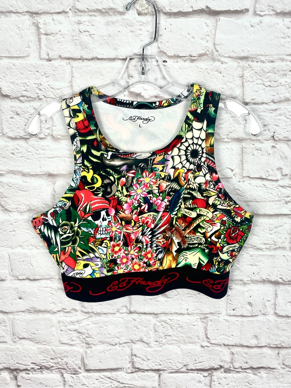 Ed Hardy Floral Tattoo Print Crop Tank Top in Multicolor